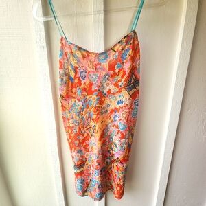 Josie Natori Asian Floral Sheer Slip Dress with Blue Straps